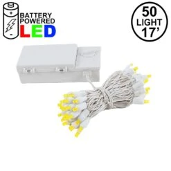 50 LED Battery Operated Lights Yellow On White Wire