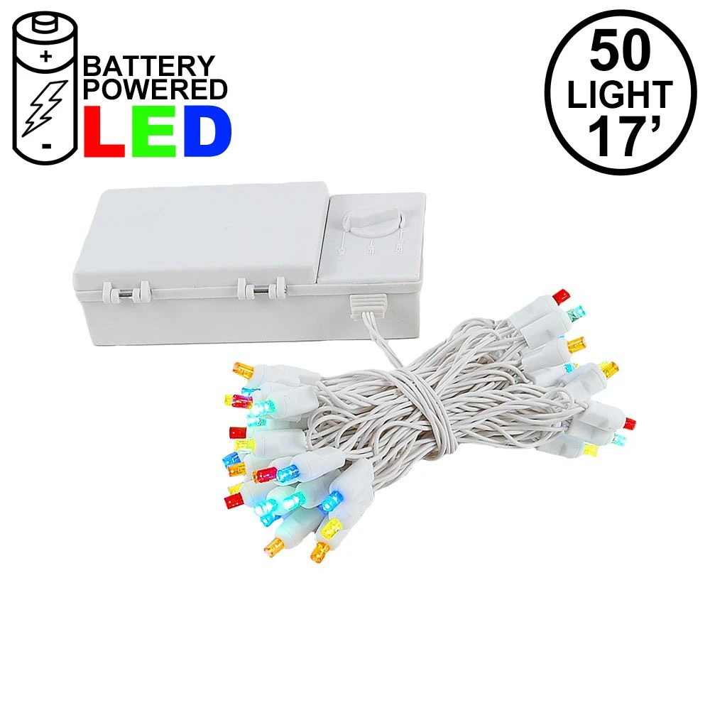 50 LED Battery Operated Lights Multi On White Wire 1 50 LED Battery Operated Lights Multi On White Wire
