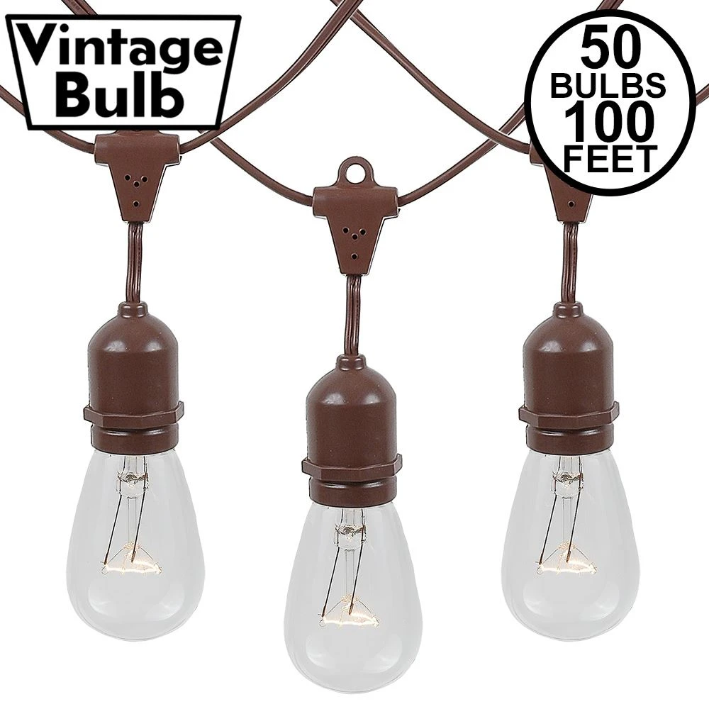 50 Clear S14 Commercial Grade Suspended Light String Set On 100' Of Brown Wire 1 50 Clear S14 Commercial Grade Suspended Light String Set On 100' Of Brown Wire