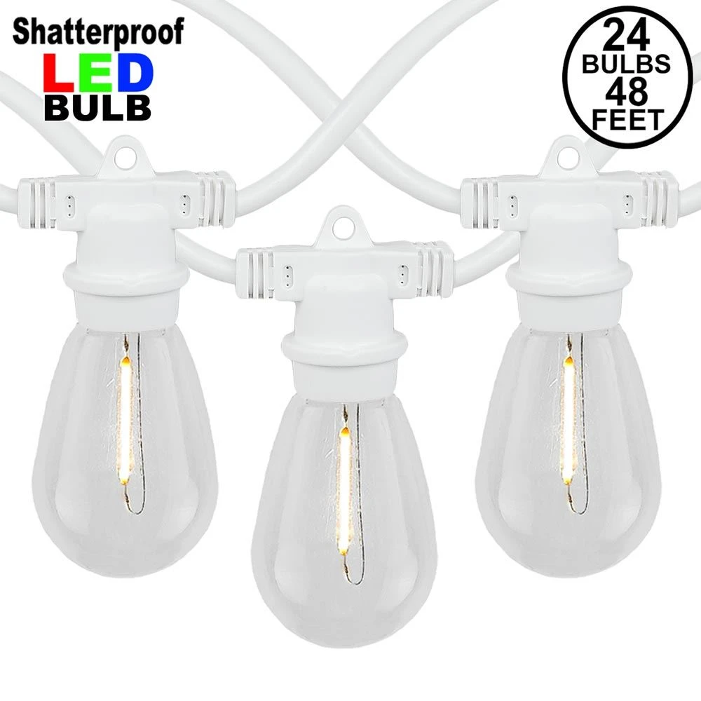 24 Warm White Plastic LED S14 Commercial Grade Light String Set On 48' Of White Wire Shatterproof 1 24 Warm White Plastic LED S14 Commercial Grade Light String Set On 48' Of White Wire Shatterproof