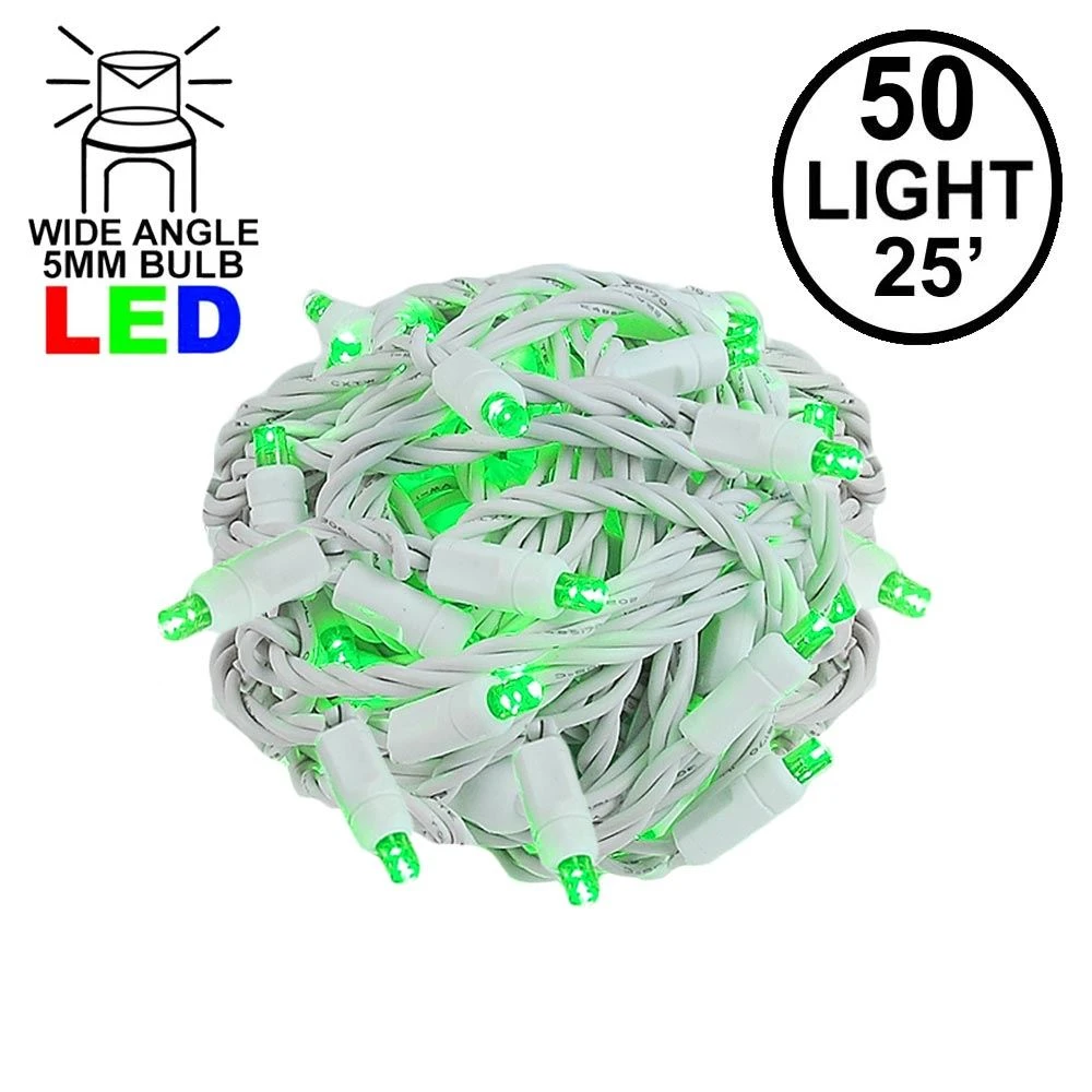 Commercial Grade Wide Angle 50 LED Green 25' Long On White Wire 1 Commercial Grade Wide Angle 50 LED Green 25' Long On White Wire