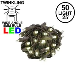 Twinkle LED Christmas Lights 50 LED Warm White 25' Brown Wire
