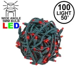 Commercial Grade Wide Angle 100 LED Red 50' Long On Green Wire