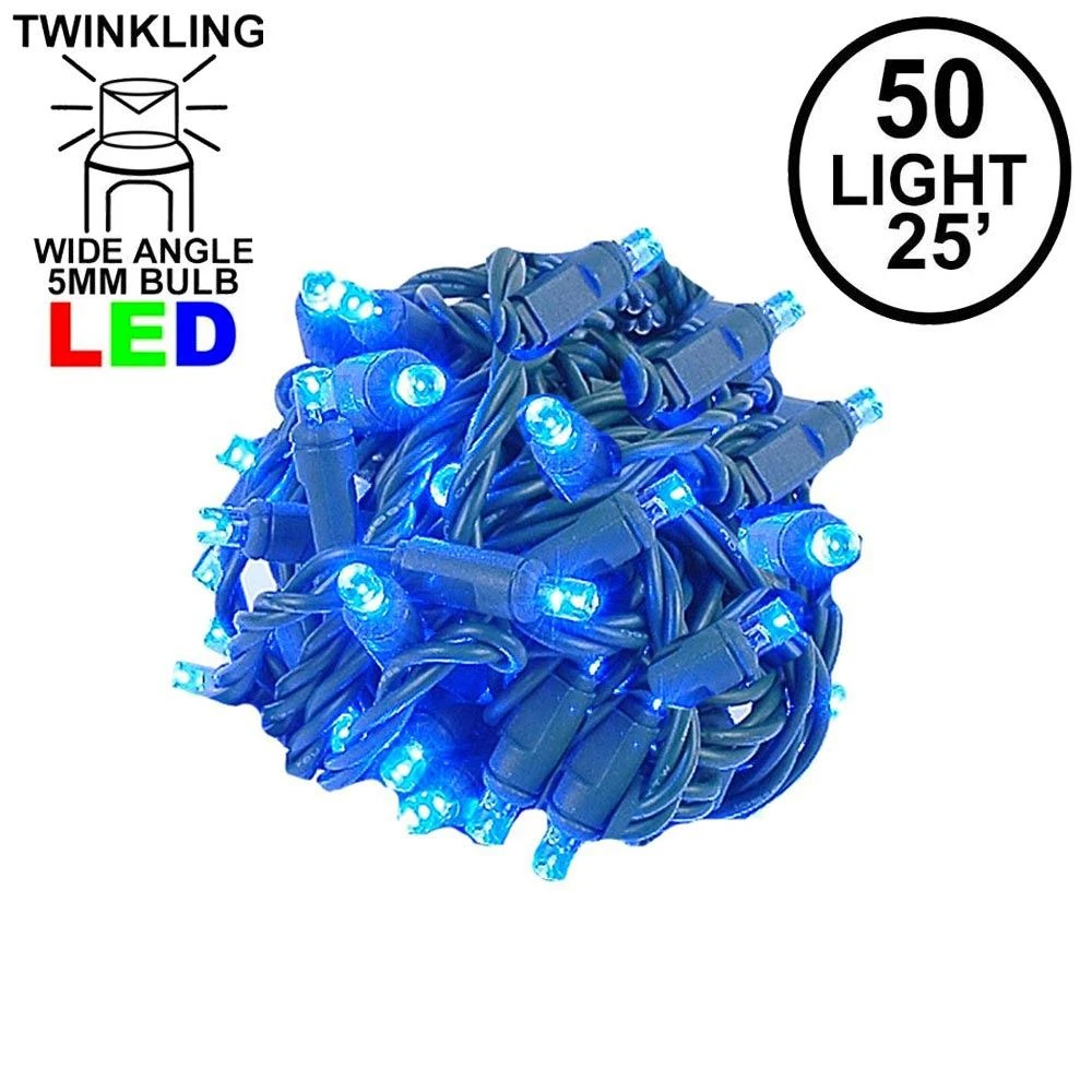 Twinkle LED Christmas Lights 50 LED Blue 25' Long Green Wire 1 Twinkle LED Christmas Lights 50 LED Blue 25' Long Green Wire