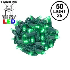 Twinkle LED Christmas Lights 50 LED Green 25' Long Green Wire