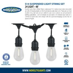 24 Warm White Plastic LED S14 Commercial Grade Suspended Light String Set On 48' Of Black Wire Shatterproof -Christmas Lights Series 0029750 24 warm white plastic led s14 commercial grade suspended light string set on 48 of black wire shatte