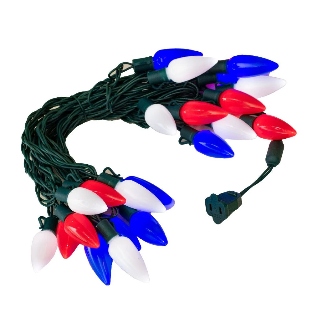 25 Red, White & Blue Ceramic LED C9 Pre-Lamped String Lights Green Wire 4 25 Red, White & Blue Ceramic LED C9 Pre-Lamped String Lights Green Wire - Image 4
