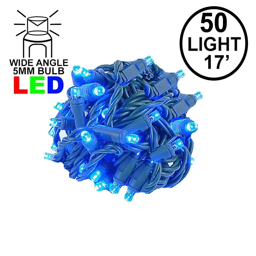 Commercial Grade Wide Angle 50 LED Blue 17' Long On Green Wire 1 Commercial Grade Wide Angle 50 LED Blue 17' Long On Green Wire