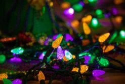 Purple Green And Yellow 70 LED C6 Strawberry Mini Lights Commercial Grade On Green Wire -Christmas Lights Series 0030923 purple green and yellow 70 led c6 strawberry mini lights commercial grade on green wire