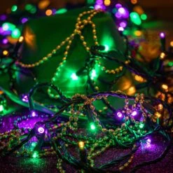 Commercial Grade Wide Angle 100 LED Yellow Purple Green 50' Long On Green Wire -Christmas Lights Series 0030925 commercial grade wide angle 100 led yellow purple green 50 long on green wire