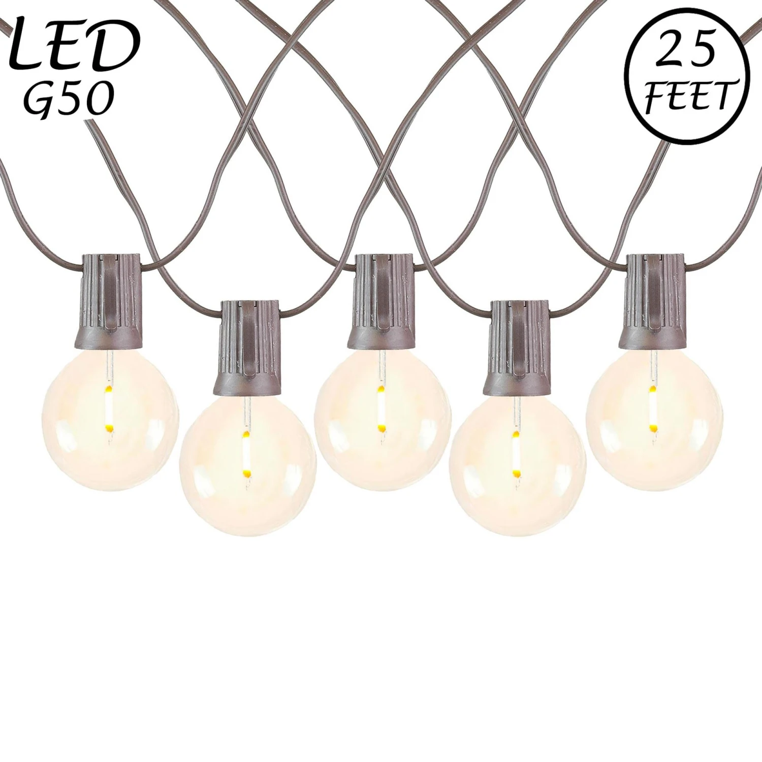 25 LED Filament G50 Globe String Light Set With Warm White Bulbs On Brown Wire 1 25 LED Filament G50 Globe String Light Set With Warm White Bulbs On Brown Wire