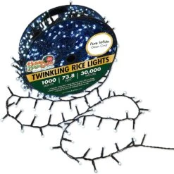 LED Connectable Twinkling Rice Light Set - 1000 Pure White Lights On Green Wire