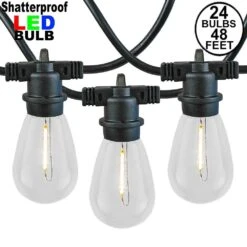 24 Warm White Plastic LED S14 Commercial Grade Light String Set On 48' Of Black Wire Shatterproof