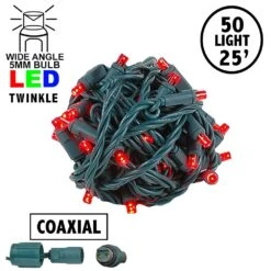 Twinkling Coaxial 50 LED Red 6" Spacing Green Wire