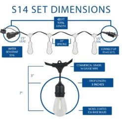 24 Warm White Plastic LED S14 Commercial Grade Suspended Light String Set On 48' Of Black Wire Shatterproof -Christmas Lights Series 0033666 24 warm white plastic led s14 commercial grade suspended light string set on 48 of black wire shatte