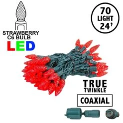 Coaxial *NEW* True Twinkle Red 70 LED C6 Strawberry Mini Lights Commercial Grade On Green Wire