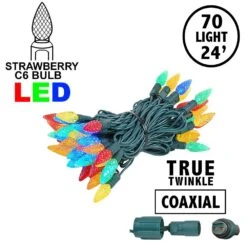 Coaxial *NEW* True Twinkle Multi Color 70 LED C6 Strawberry Mini Lights Commercial Grade On Green Wire