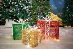 9 In., 12 In. & 15 In. Red/Green/Gold Gift Boxes With 100 Steady & Twinkle LED Lights (Set Of 3) -Christmas Lights Series 0033988 9 in 12 in 15 in redgreengold gift boxes with 100 steady twinkle led lights set of 3