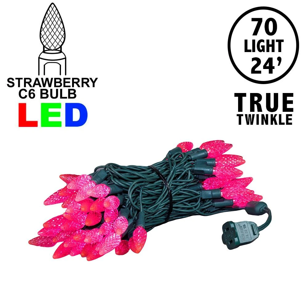 *NEW* True Twinkle Pink 70 LED C6 Strawberry Mini Lights Commercial Grade On Green Wire 1 *NEW* True Twinkle Pink 70 LED C6 Strawberry Mini Lights Commercial Grade On Green Wire