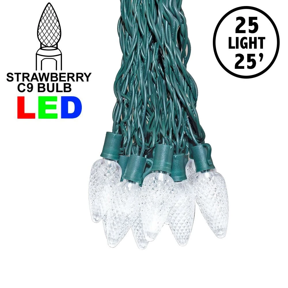 25 Pure White LED C9 Pre-Lamped String Lights Green Wire 1 25 Pure White LED C9 Pre-Lamped String Lights Green Wire