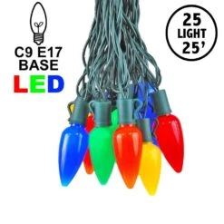 25 Multi-Colored Ceramic LED C9 Pre-Lamped String Lights Green Wire