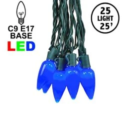 25 Blue Ceramic LED C9 Pre-Lamped String Lights Green Wire