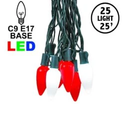 25 Red & Pure White Ceramic LED C9 Pre-Lamped String Lights Green Wire