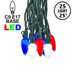 25 Red, White & Blue Ceramic LED C9 Pre-Lamped String Lights Green Wire