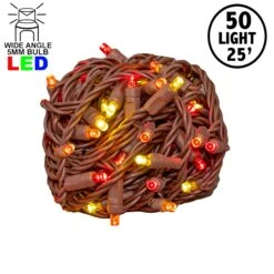 Commercial Grade Wide Angle 50 LED Y/RE/OR 25' Long On Brown Wire