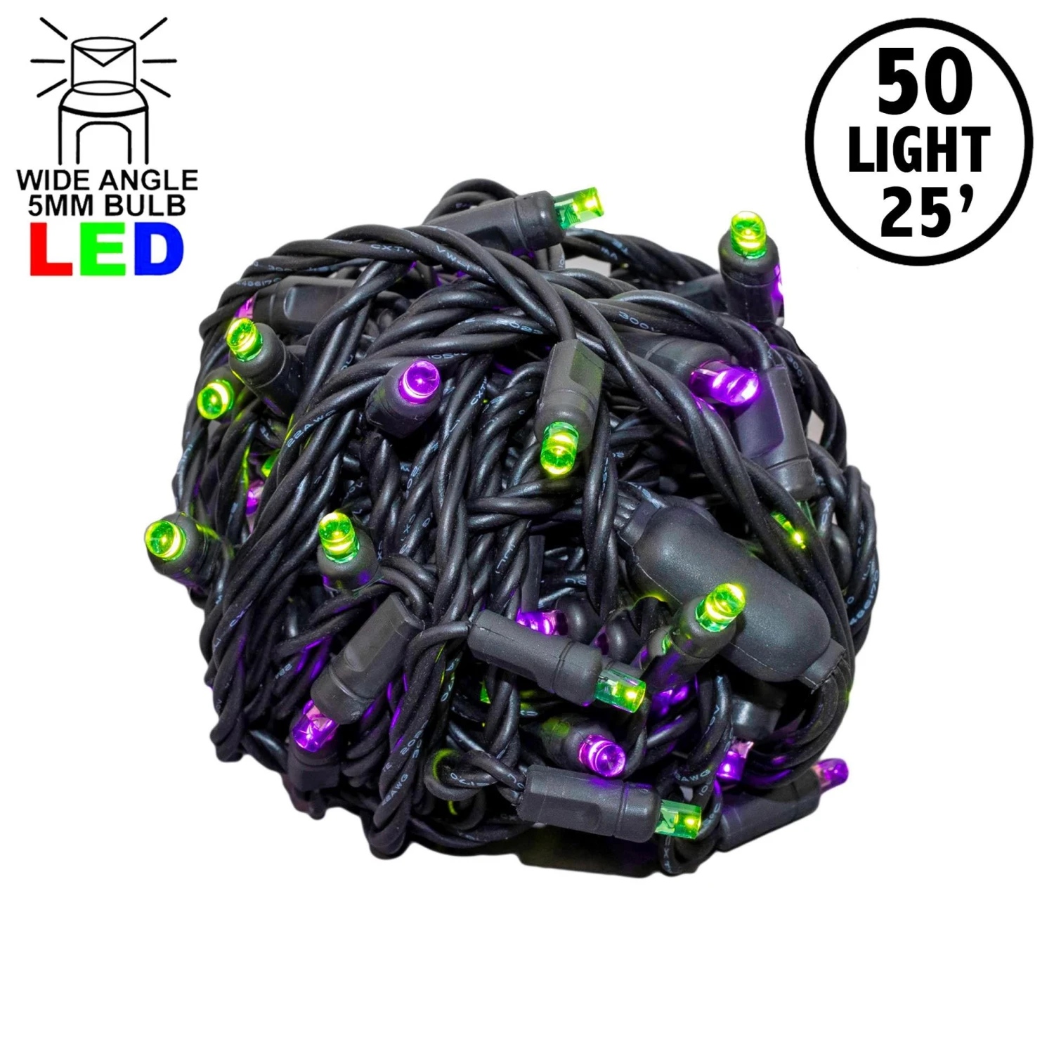 Commercial Grade Wide Angle 50 LED Purple/Lime 25' Long On Black Wire 1 Commercial Grade Wide Angle 50 LED Purple/Lime 25' Long On Black Wire