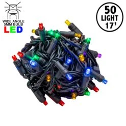 Commercial Grade Wide Angle 50 LED Rainbow Color 17' Long On Green Wire
