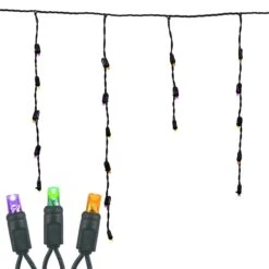 Purple/Lime/Orange LED Icicle Lights On Black Wire 70 Bulbs